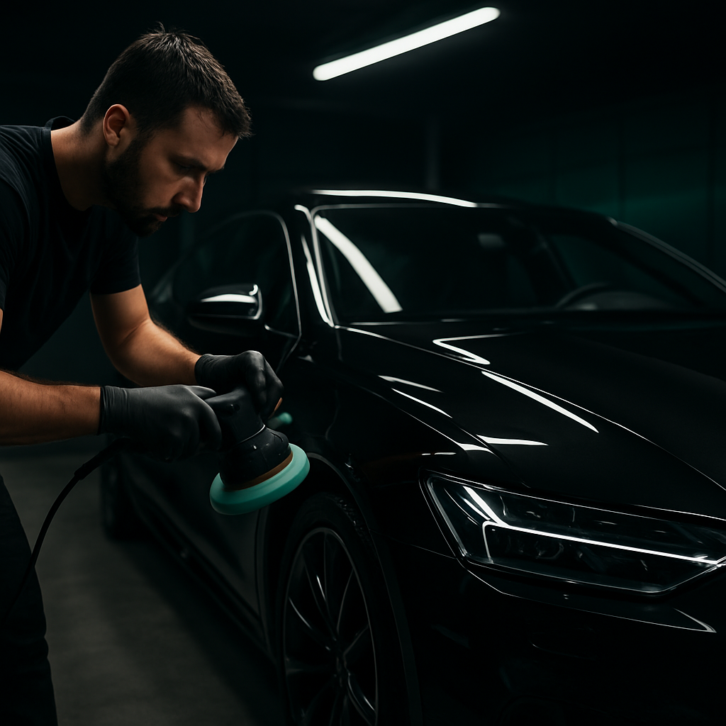 Carro com pintura recém-finalizada em oficina profissional